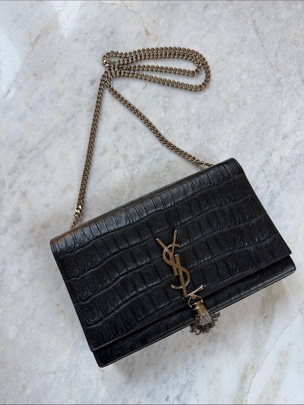 Authentic Saint Laurent Kate Medium Tassel Chain Bag in Crocodile-Embossed Leath